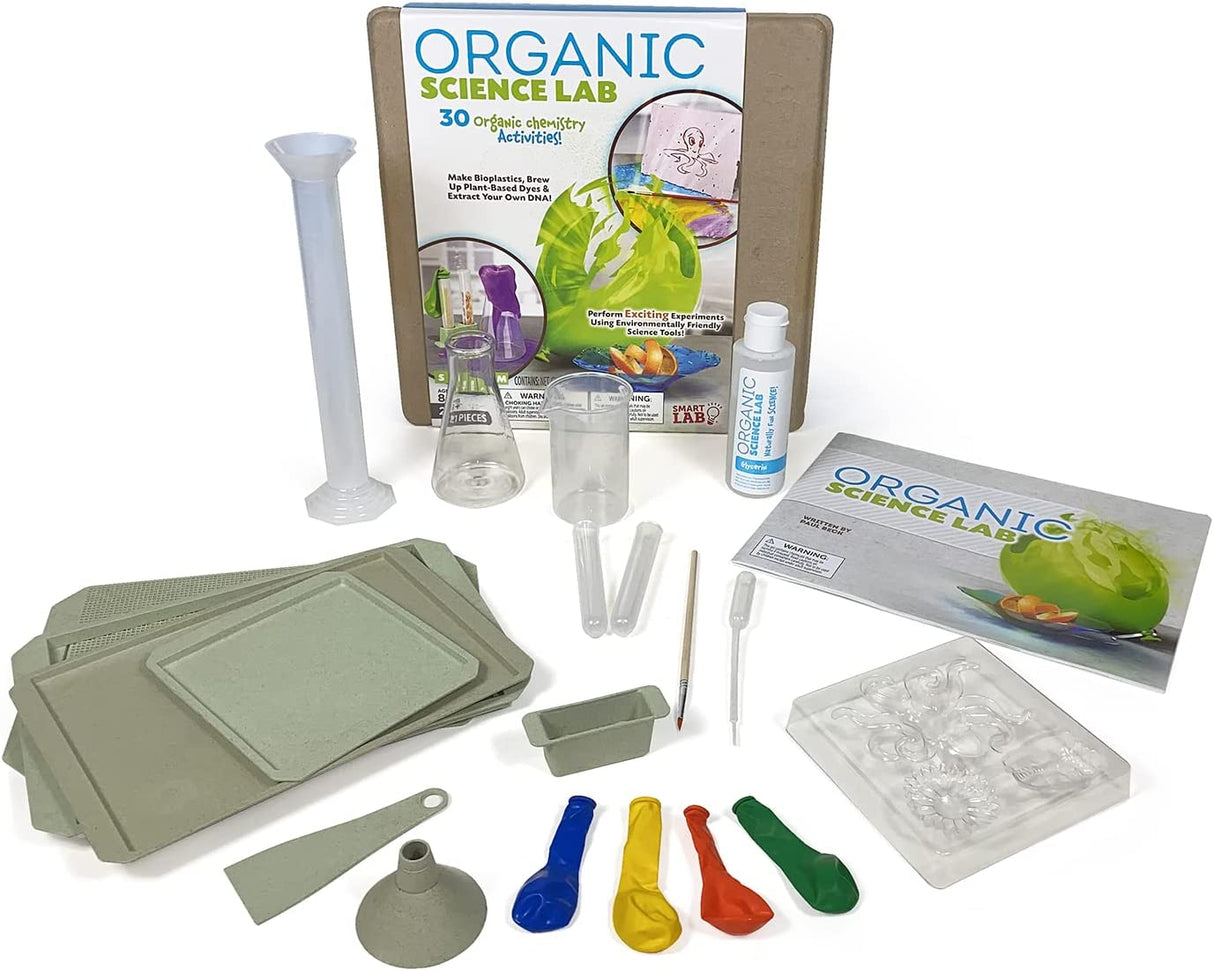 Organic Science Lab with eco-friendly tools, balloons, beaker, test tubes, and activity book for 30 organic chemistry experiments.
