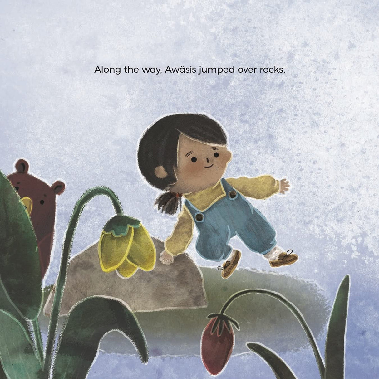 Illustration from Awasis and the World Famous Bannock showing Awâsis jumping over rocks on an outdoor adventure.
