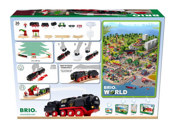 Steaming Christmas Train Set with battery-operated steam engine, snowy tracks, Santa Claus, North Pole station, and festive decorations.