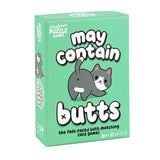 May Contain Butts card game box featuring a playful cat illustration on a green background, fast-paced matching fun.