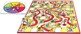 Chutes and Ladders classic edition gameboard with 70s artwork, oversized spinner, and colorful player movers for family fun.
