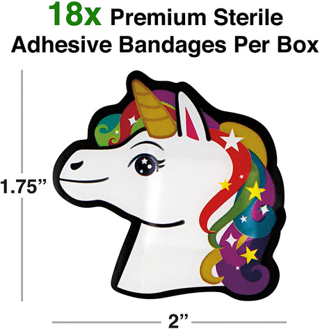 Unicorn Bandages featuring colorful sterile adhesive bandages shaped like a magical unicorn for kids' cuts and scrapes.