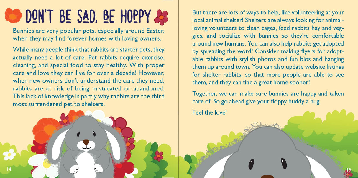 Hug a Bunny Kit pages showing fun facts about rabbits, their care, and how to hug them safely.