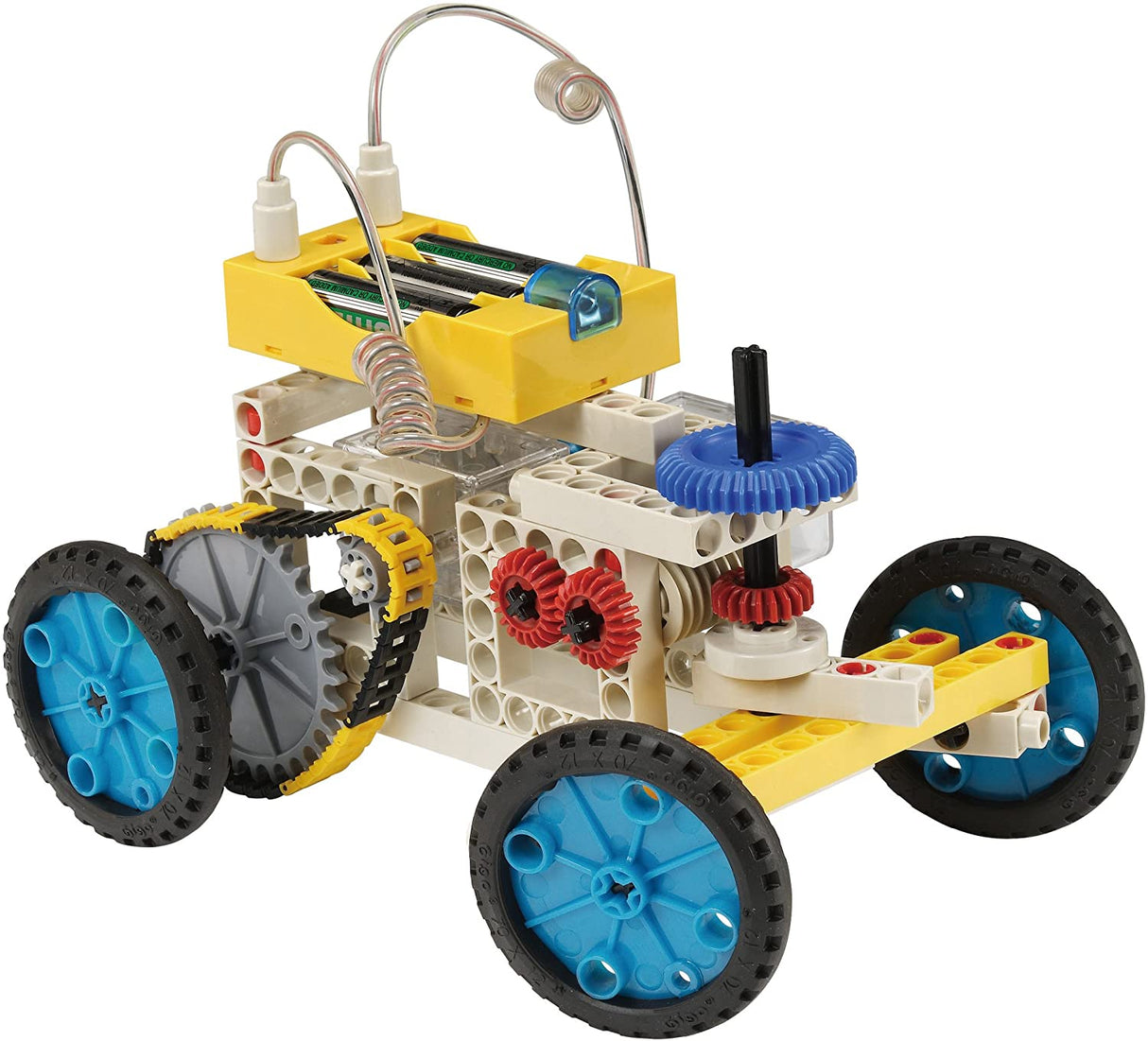 Remote Control Machines motorized vehicle model with blue wheels, gears, and yellow motorized components assembled from building pieces.