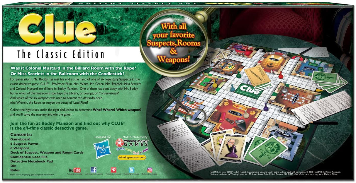 Clue Classic Edition board game with suspects, weapons, rooms, detective notebook, and game pieces for 3 to 6 players.