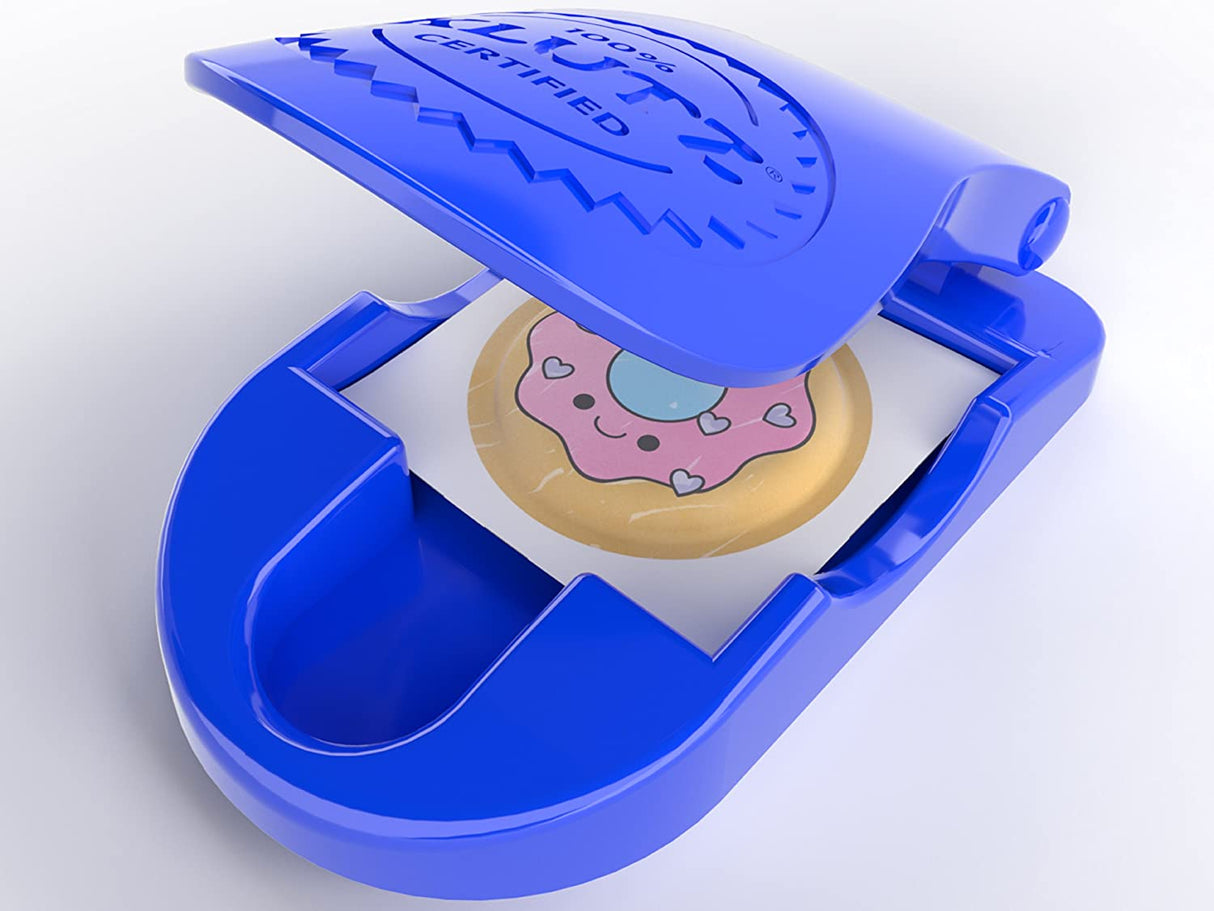 Make Your Own Puffy Stickers kit showing the blue puffy sticker maker with a donut-shaped sticker inside.