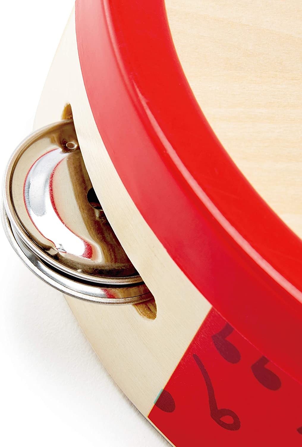 Close-up of the red wooden rim and metal jingles on the Tap-Along Tambourine musical toy.