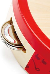 Close-up of the red wooden rim and metal jingles on the Tap-Along Tambourine musical toy.