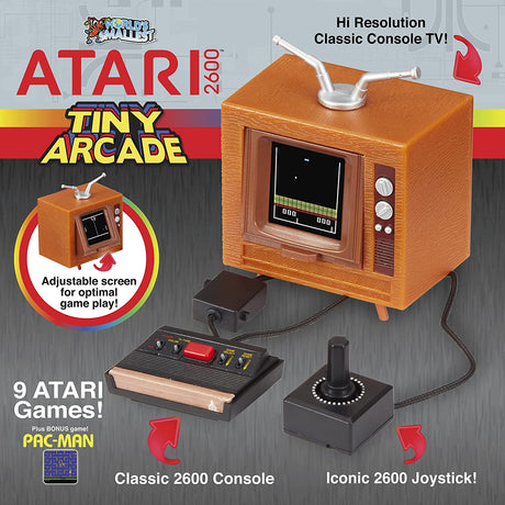 Atari Tiny! miniature classic 2600 console with joystick and screen playing vintage arcade games.
