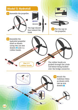 Rubberband Racers Model 5 Hydrofoil assembly steps showing propeller, rubber bands, and stabilizer films.