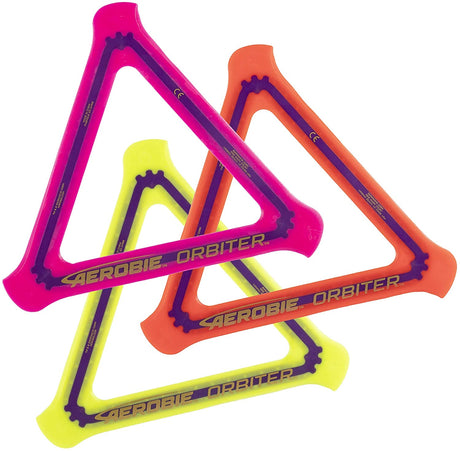 Three colorful Boomerang Aerobie Orbiter toys with triangle shapes and bright rubber edges for easy grip and catching.