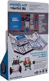 Tiny Tools Tiny Robots mini robotics kit packaging showing parts, foldout manual, and illustrated instructions for kids.