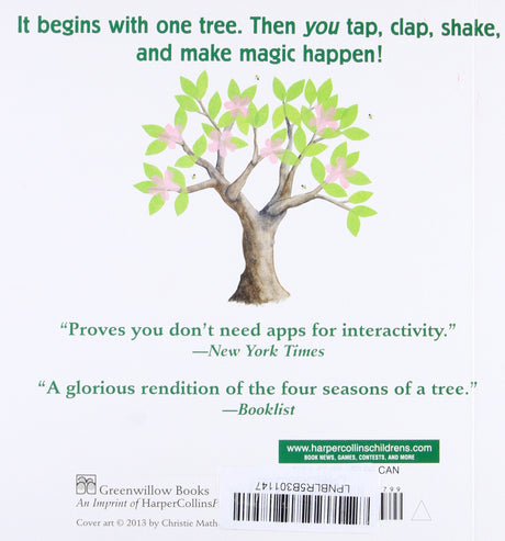 Back cover of Tap the Magic Tree showing a colorful illustrated tree inviting kids to tap, clap, and shake for interactive fun.