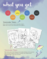 Watercolor Wonders kit includes watercolor paints, paper, and hidden design artworks for creative painting fun.