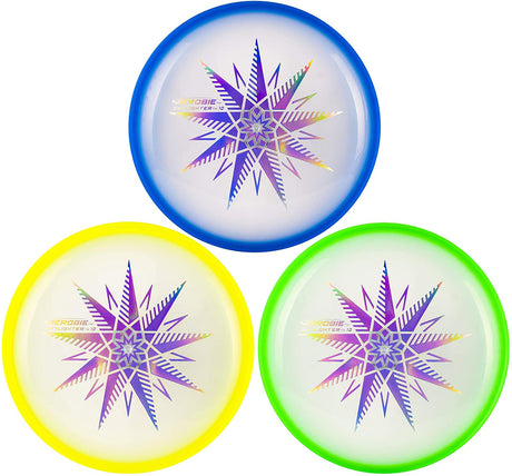 Three colorful Aerobie Skylighter flying discs with star designs and LED-lit edges shown on a white background.