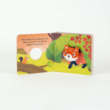 Baby Fox with Finger Puppet board book open showing the baby fox puppet and forest illustrations for toddlers.
