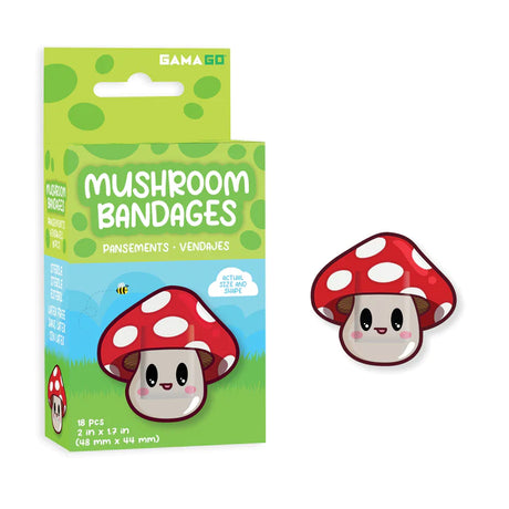 Mushroom Bandages with cute mushroom design, individually wrapped, latex-free, sterile bandages for minor cuts and scrapes.