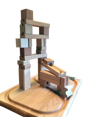Blocks & Marbles Marble Run wooden marble tower with handcrafted North American hardwood blocks on playboard.