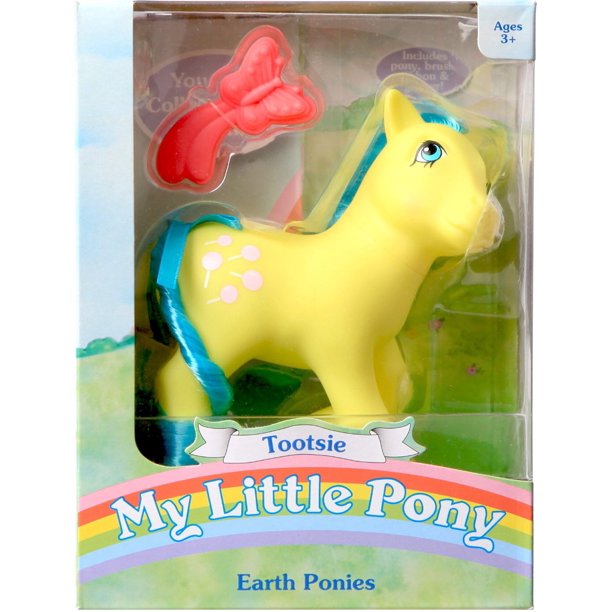 My Little Pony | Earth Pony Tootsie with blue mane, yellow body, comb, and butterfly-shaped brush in packaging.