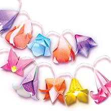 Origami Lights featuring folded floral paper art on a string of 10 LED lights powered by two AA batteries.