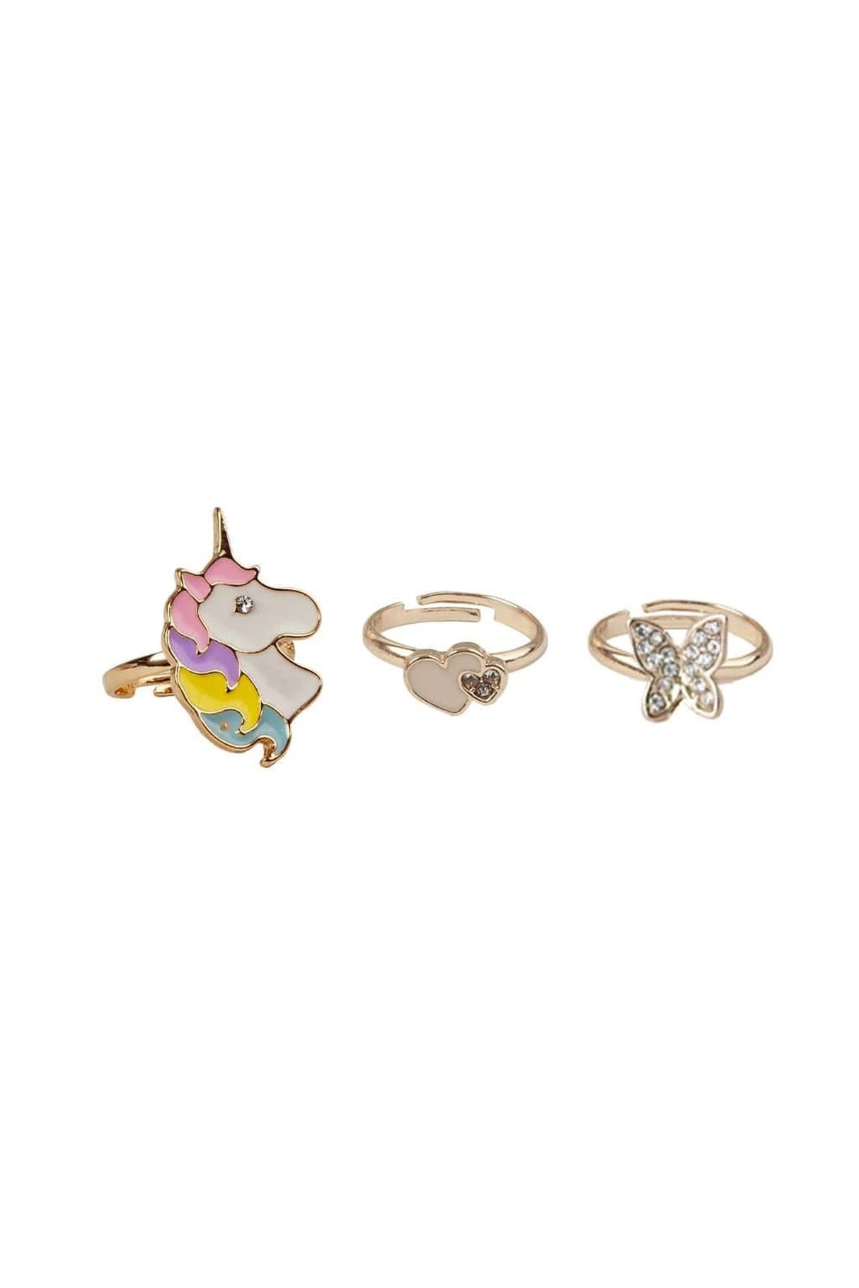 Boutique Butterfly & Unicorn Rings set showing adjustable rose-gold unicorn, butterfly, and heart rings for kids.