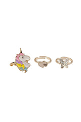 Boutique Butterfly & Unicorn Rings set showing adjustable rose-gold unicorn, butterfly, and heart rings for kids.