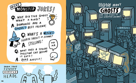 Kids' Awesome Activity Book pages showing monster jokes and a haunted arcade ghost maze game for kids to solve and enjoy.