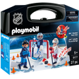 NHL Shootout Carry Case with two players, goalie, net, puck, and accessories for imaginative hockey play.