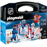 NHL Shootout Carry Case with two players, goalie, net, puck, and accessories for imaginative hockey play.
