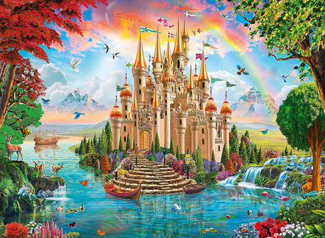 Colorful fairy tale castle with rainbow sky and river surrounded by flowers in the 100pc Rainbow Castle Puzzle.