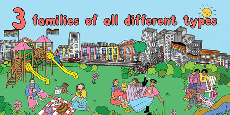 Pride 123 showing a colorful park scene with diverse families enjoying a sunny day celebrating pride and inclusivity.