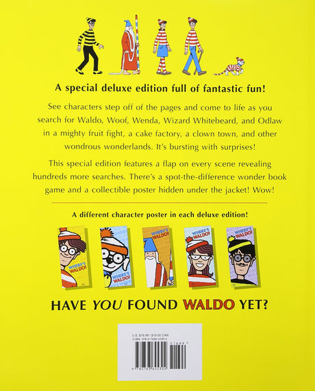 Back cover of Where's Waldo? Wonderbook showing characters, search details, and collectible poster information.