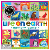 Life on Earth Memory Game box featuring colorful flora and fauna illustrations for ages 5 and up.