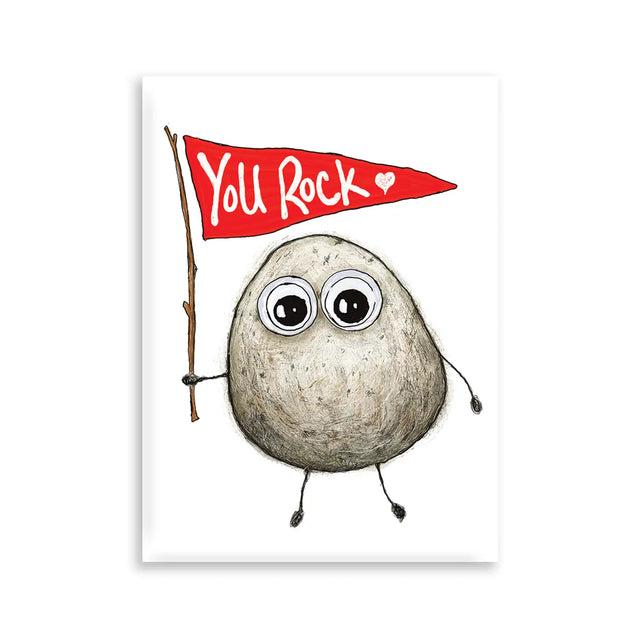You Rock Magnet featuring a hand-drawn rock holding a red flag with "You Rock" message in playful design.