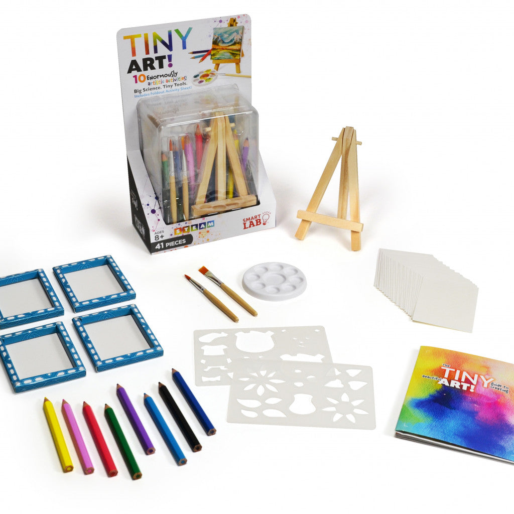Tiny Tools Tiny Art! kit with watercolor pencils, brushes, stencils, frames, easel, and painting supplies for mini masterpieces.