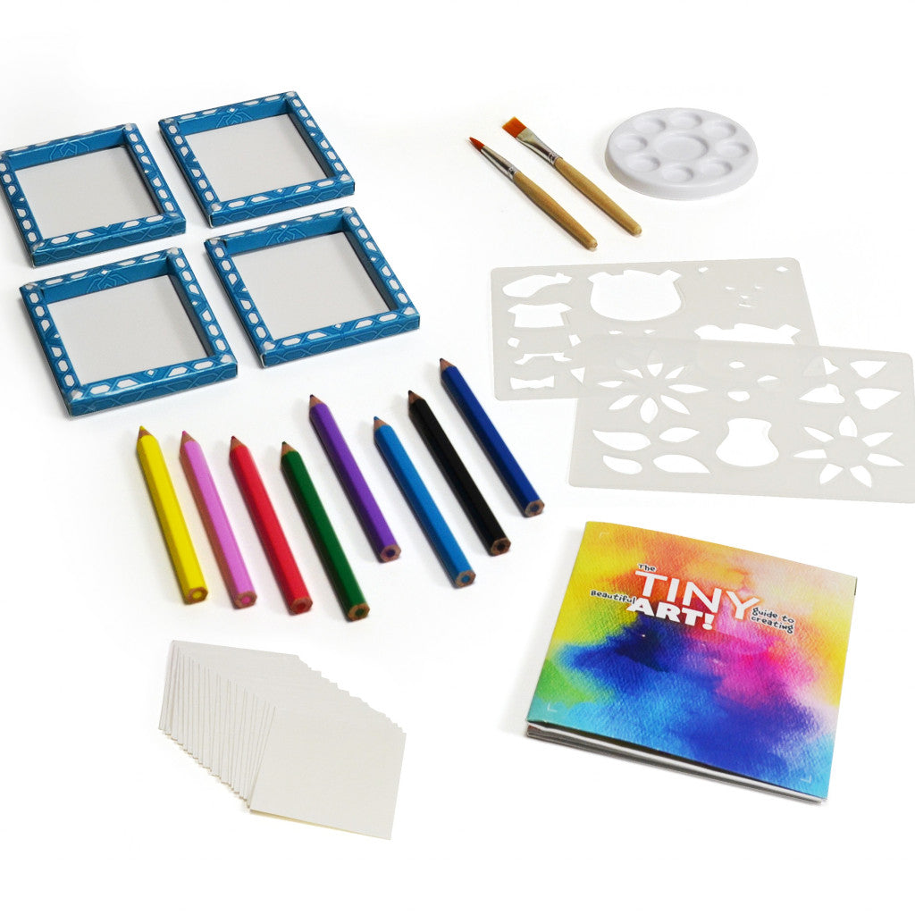 Tiny Tools Tiny Art! kit with watercolor pencils, paintbrushes, stencils, frames, and a colorful instruction manual.