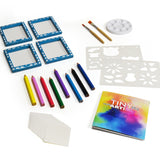 Tiny Tools Tiny Art! kit with watercolor pencils, paintbrushes, stencils, frames, and a colorful instruction manual.