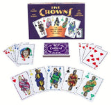 Five Crowns card game box and unique five-suit playing cards laid out for a rummy-style game.