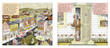 Cloudy With a Chance of Meatballs book illustration showing a tiny town with food weather and worried townspeople.