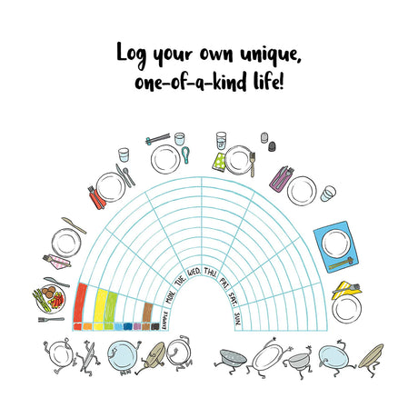 Life Log: Infographic Journal page with colorful charts and playful illustrations for tracking daily activities.