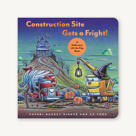 Construction Site Gets a Fright! Halloween book cover with spooky construction trucks and pumpkins at night.