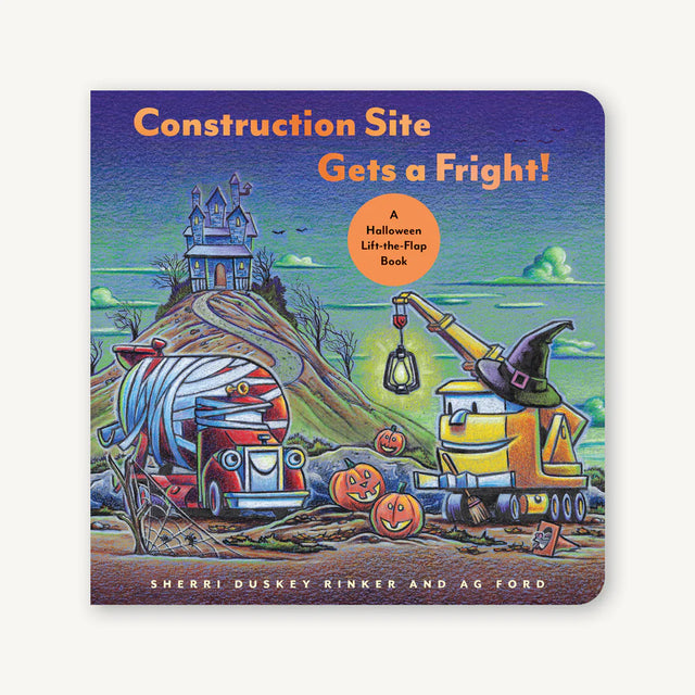 Construction Site Gets a Fright! Halloween book cover with spooky construction trucks and pumpkins at night.