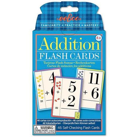 Addition Flash Cards for ages 4+, with colorful, illustrated math facts promoting counting and mastery skills.