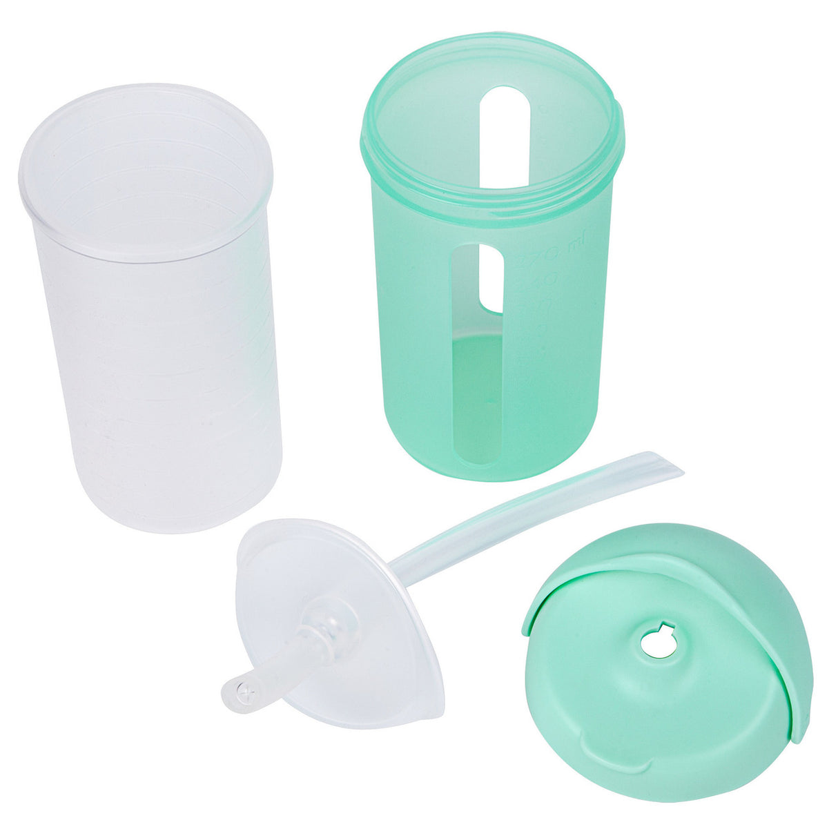 SWIG Sippy Cup Mint showing disassembled parts including silicone straw, insert, lid, and cup for easy cleaning.