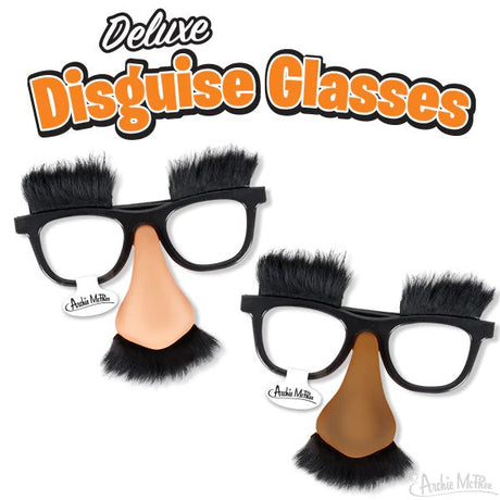Groucho Disguise Glasses with durable plastic frames, faux eyebrows, nose, and mustache in assorted skin tones.