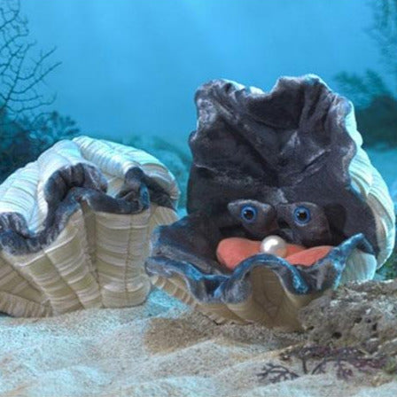 Giant Clam Puppet with textured shell, movable eyes, and hidden pearl inside for imaginative play.