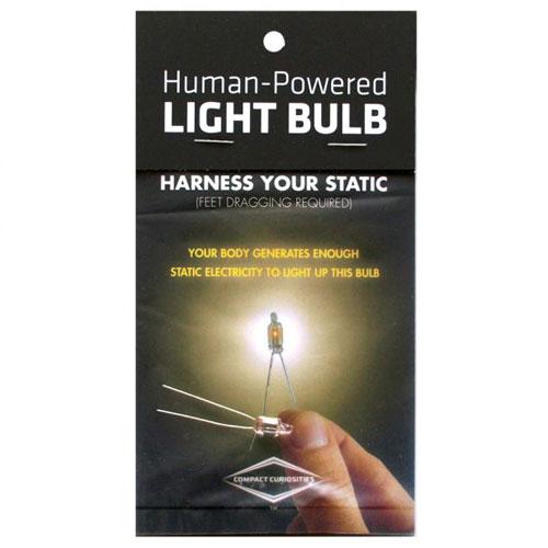 Human-Powered Light Bulb packaging showing a finger holding a lit bulb powered by static electricity demonstration.