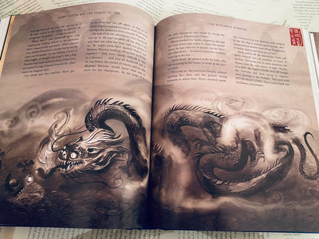 Open pages of Harry Potter and the Goblet of Fire Illustrated Edition showing detailed dragon artwork in sepia tones.