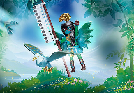 Ayuma | Knight Fairy with Animal figure holding a feather spear with a blue eagle in a mystical forest setting.