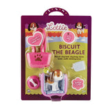 Lottie Biscuit the Beagle toy set with dressable dog figurine, dog bag, leash, bed, bone, outfit, and drinking bowl.